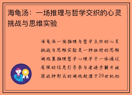 海龟汤：一场推理与哲学交织的心灵挑战与思维实验